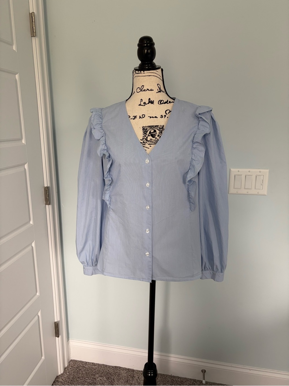 Light Blue Ruffle-Trim Button Front Blouse